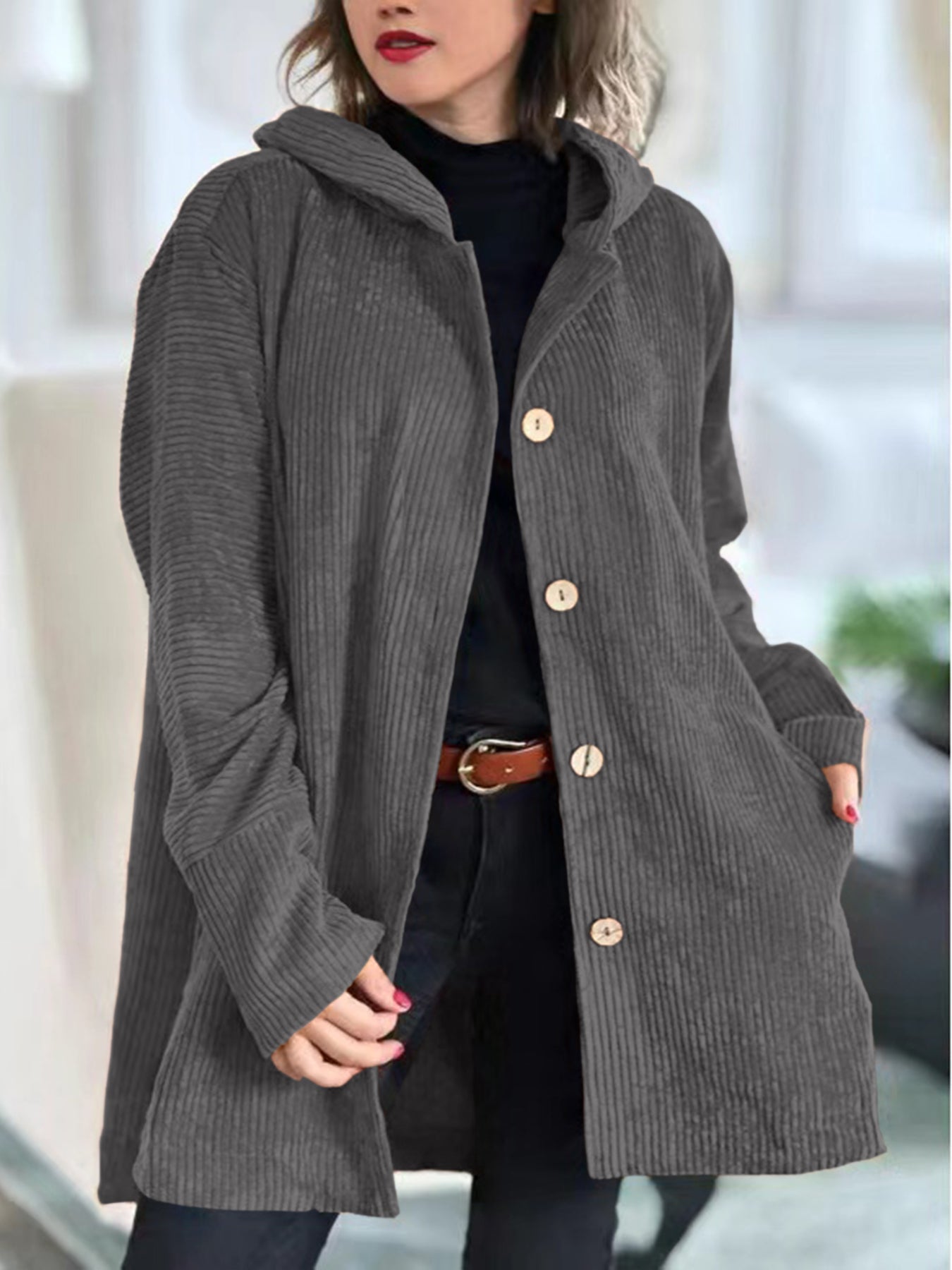 Stylish Corduroy Hooded Jacket