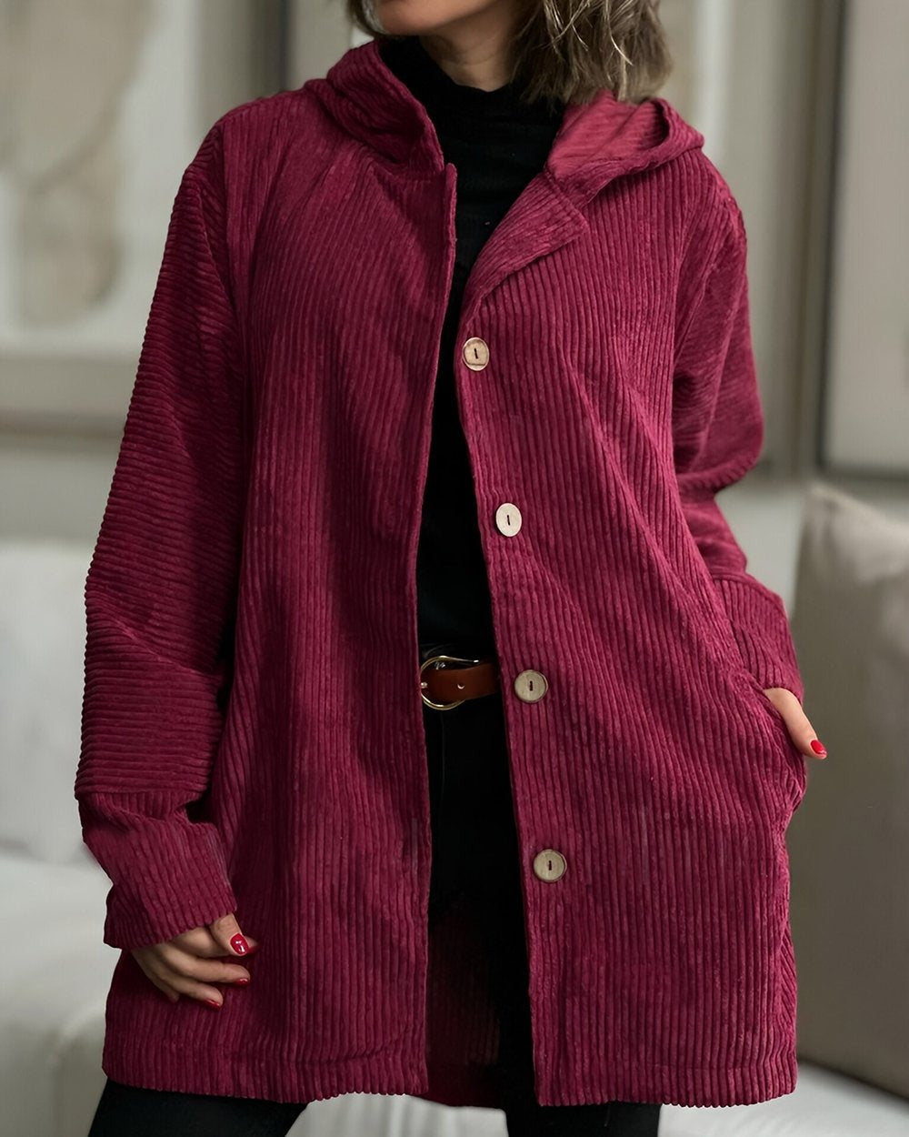 Stylish Corduroy Hooded Jacket